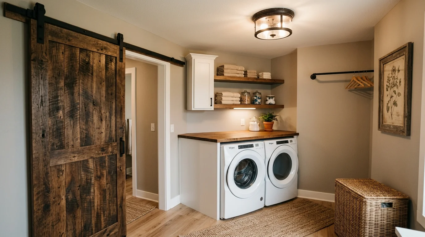 A laundry room with a sliding barn door wooden accents and neutral tones warm lighting inviting country aesthetic no people