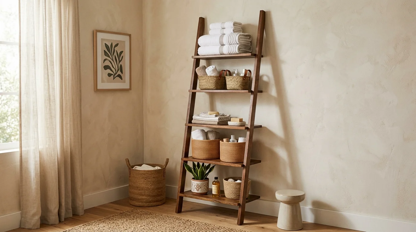 A space with a ladder shelf holding towels and baskets placed in a corner soft lighting stylish vertical storage no people