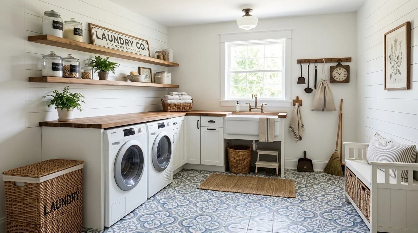 A laundry room with patterned tile flooring paired with simple farmhouse decor bright lighting charming vintage touch no people