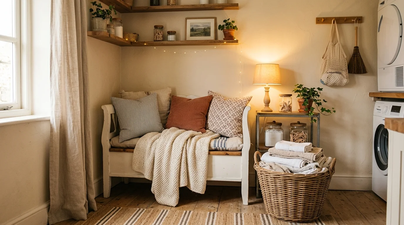 A cozy corner with a small bench layered with cushions and a basket of laundry warm soft lighting welcoming utility nook no people