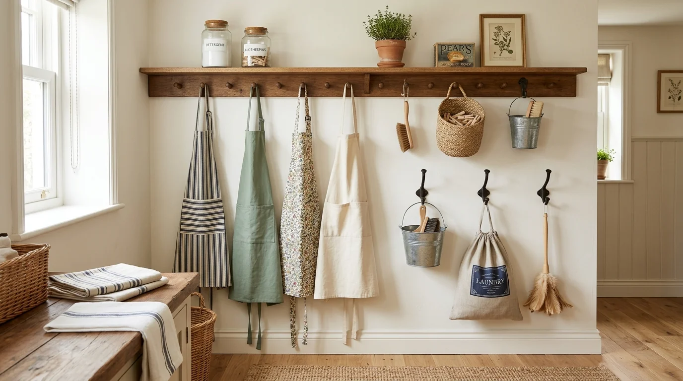 A wall with hooks holding aprons and laundry tools arranged neatly bright lighting practical decorative solution no people