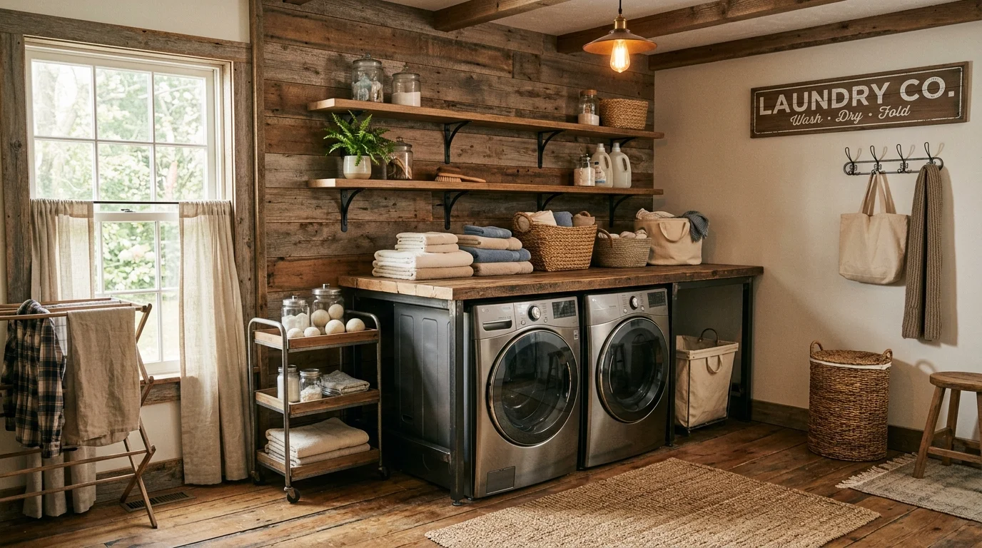 A laundry room with a mix of wood metal and fabric textures creating a balanced rustic look soft lighting warm cozy feel no people