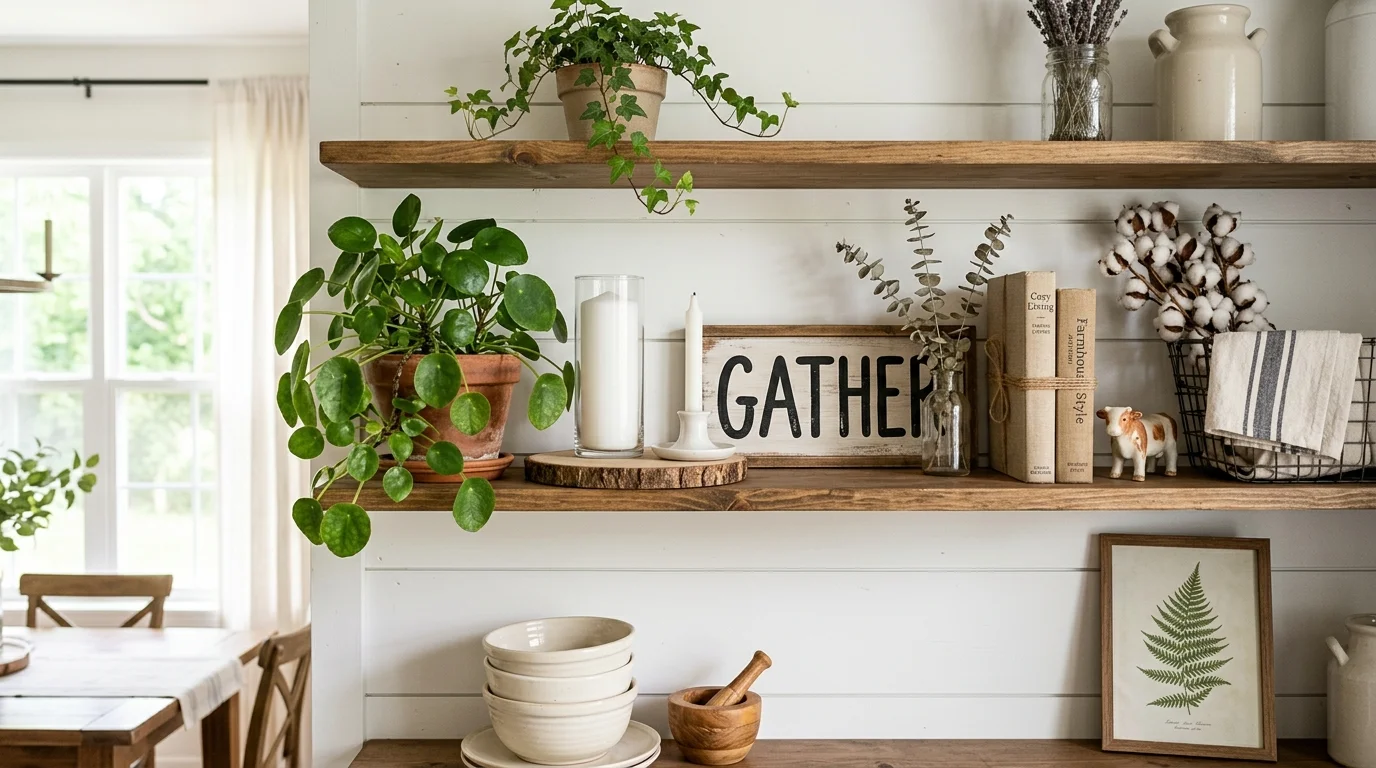 A shelf decorated with greenery candles and farmhouse accents bright natural light fresh inviting decor no people