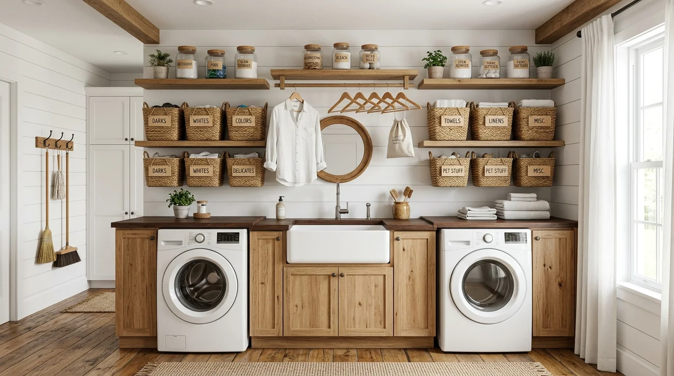 A well organized laundry room with labeled baskets and containers arranged symmetrically bright lighting visually pleasing rustic design no people