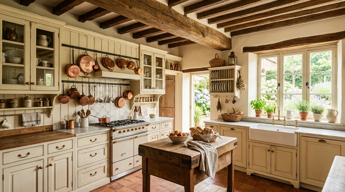 A kitchen with cream cabinets exposed wooden beams and copper cookware hanging on the wall bright natural light classic French country style no people