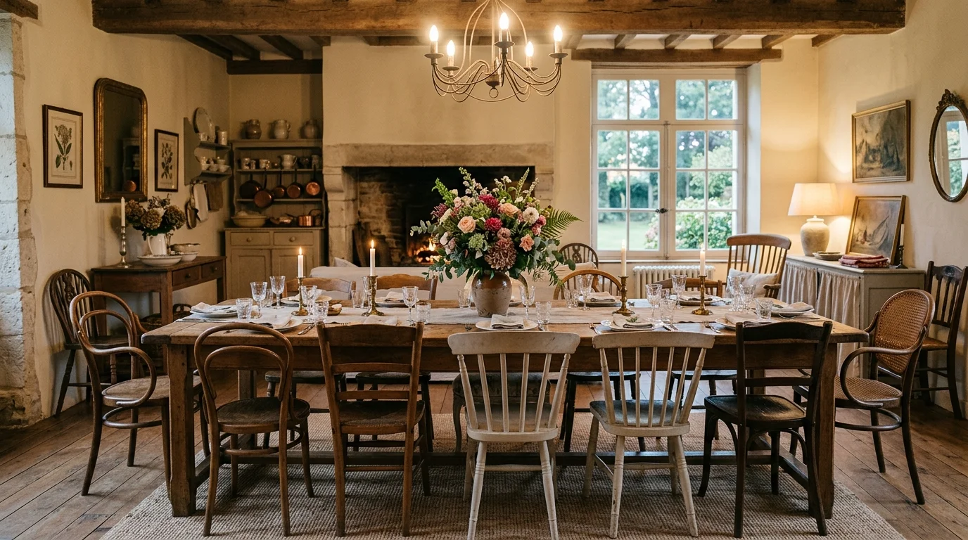 A dining room with a long wooden table mismatched chairs and a floral centerpiece soft lighting cozy provincial elegance no people