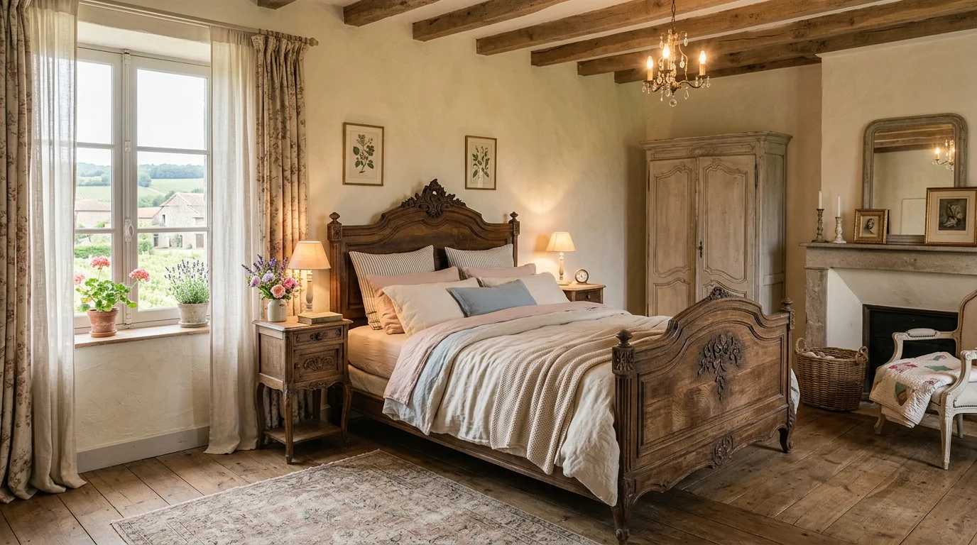 A bedroom with a carved wooden bed frame linen bedding and soft pastel accents warm ambient lighting romantic French countryside feel no people