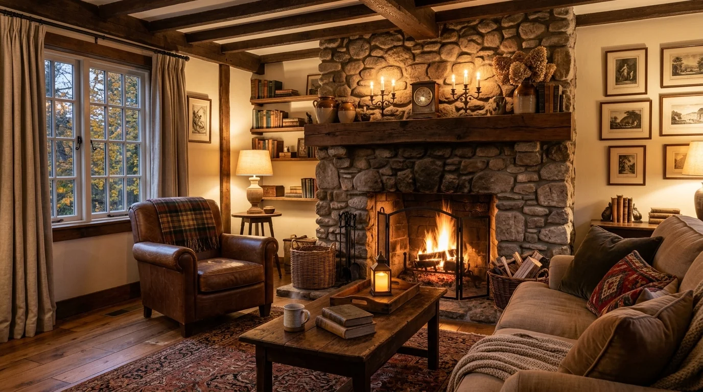 A living room with a stone fireplace antique decor and soft textiles warm lighting inviting rustic charm no people