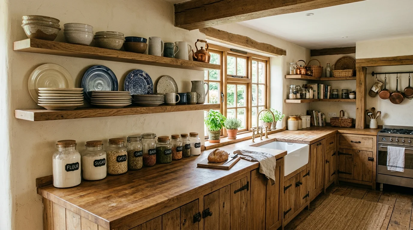 A kitchen with open shelves displaying ceramic dishes and vintage jars bright natural daylight warm farmhouse aesthetic no people