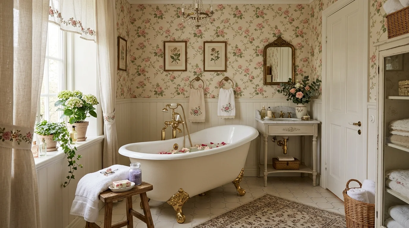 A bathroom with a clawfoot tub floral accents and vintage fixtures soft lighting elegant provincial style no people