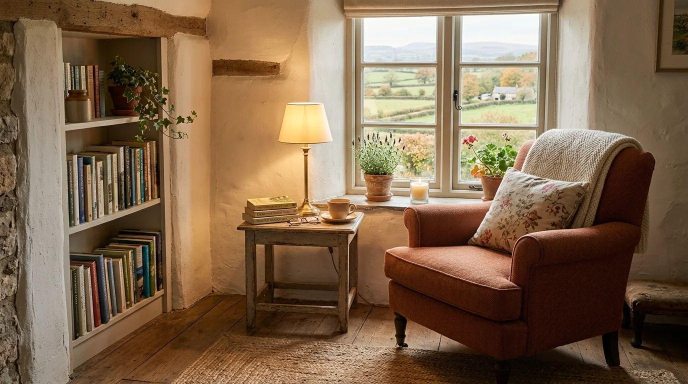 A cozy reading nook with an upholstered armchair and a small wooden side table warm lighting relaxing countryside vibe no people