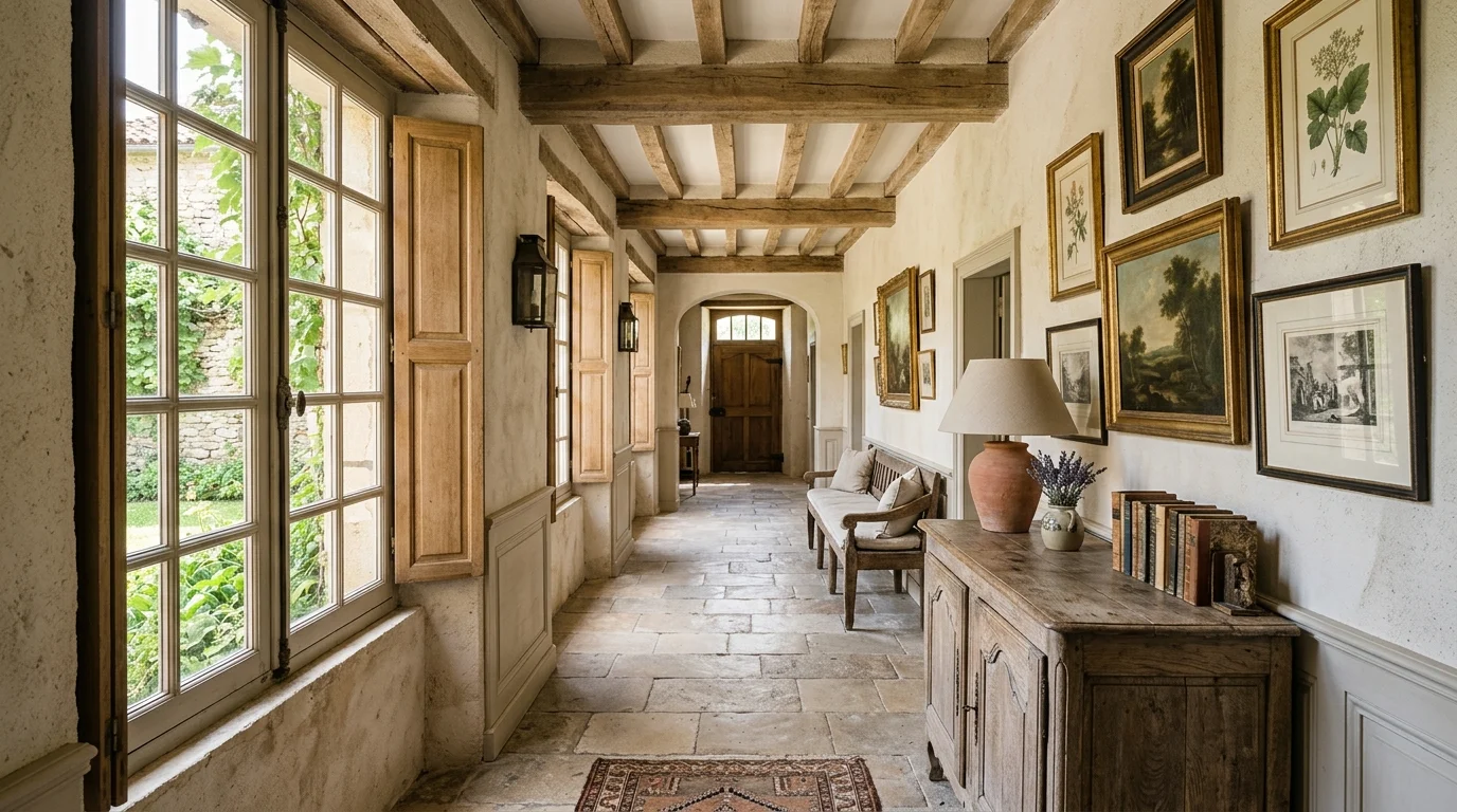 A hallway with stone flooring rustic furniture and framed vintage art bright natural daylight timeless French design no people