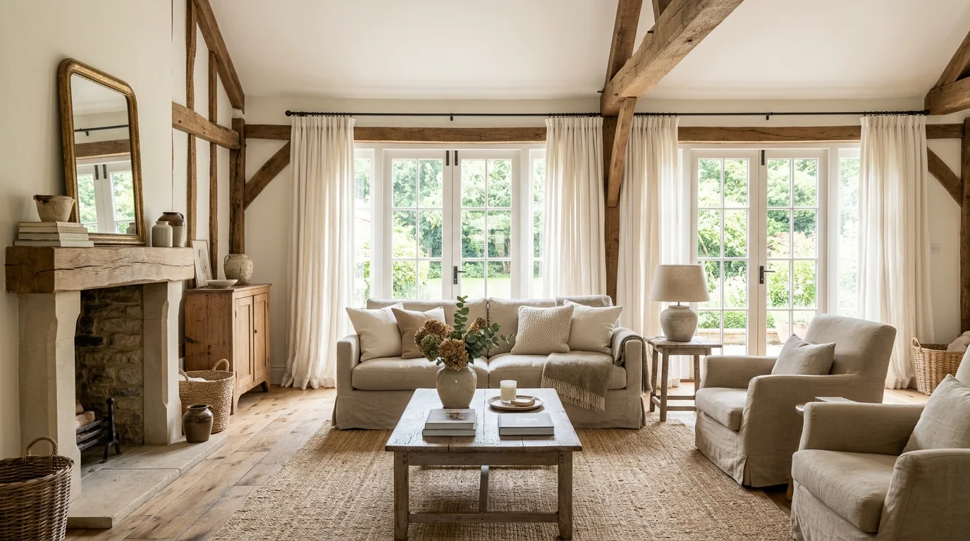 A living room with exposed beams linen curtains and soft neutral decor bright natural light airy rustic elegance no people