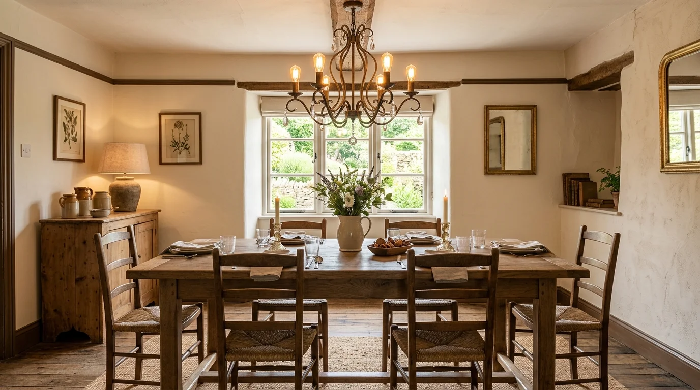 A dining area with a chandelier above a wooden table and simple decor warm lighting refined country charm no people