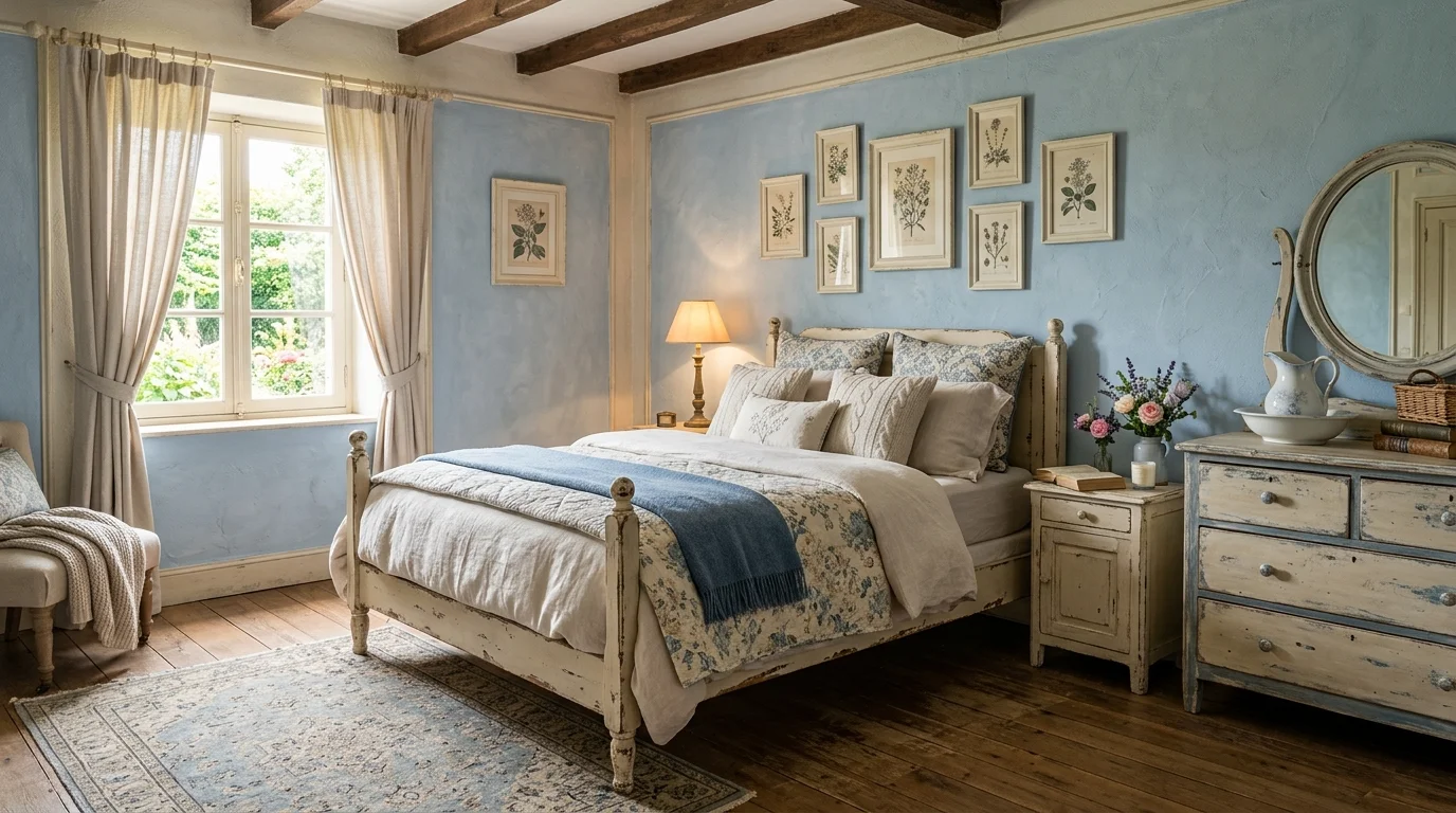 A bedroom with soft blue and cream tones distressed furniture and cozy textiles warm lighting serene provincial retreat no people