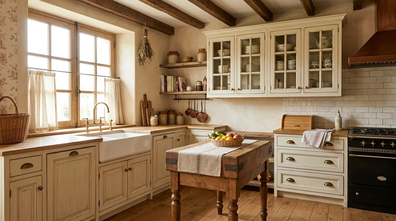 A French country kitchen with a farmhouse sink wooden accents and classic cabinetry bright natural light charming rustic design no people