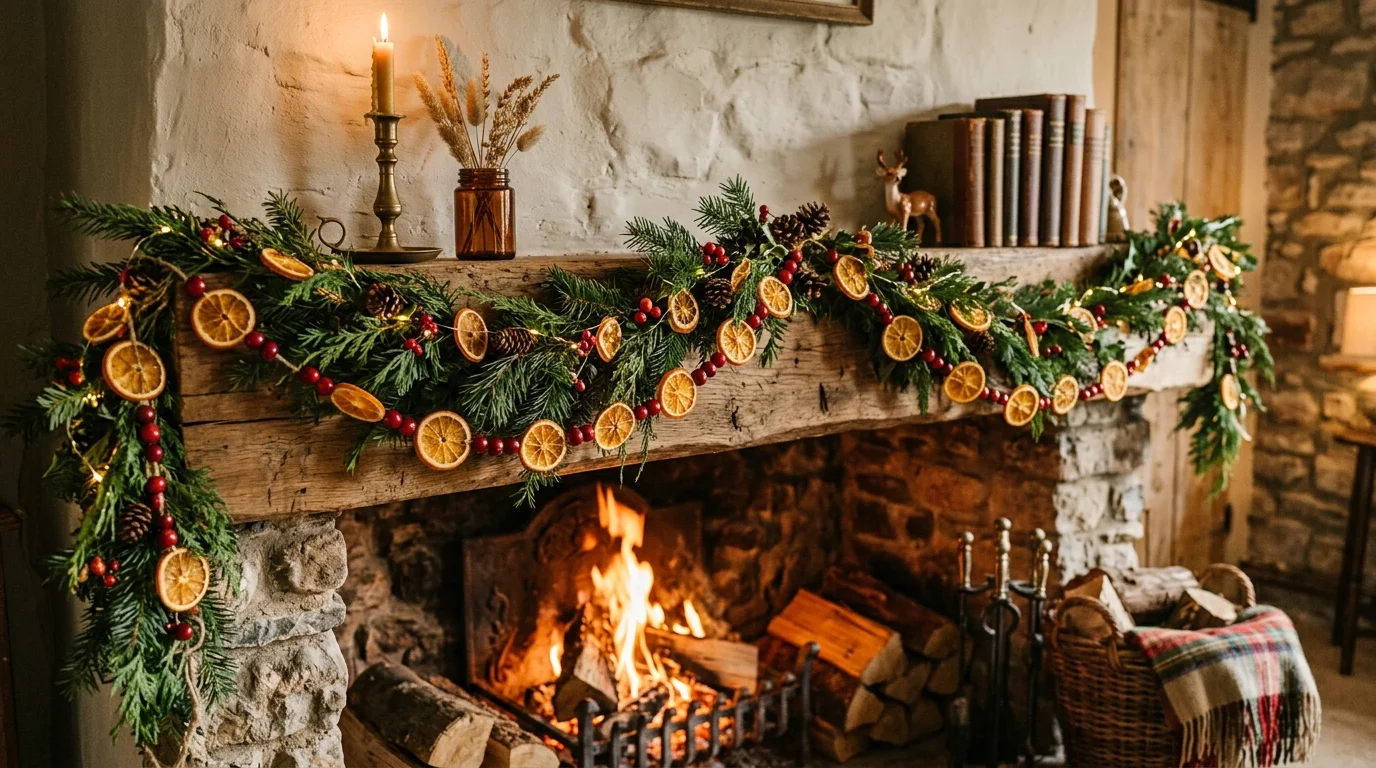 A garland made of dried orange slices and cranberries draped across a mantel with greenery warm ambient lighting cozy rustic decor no people