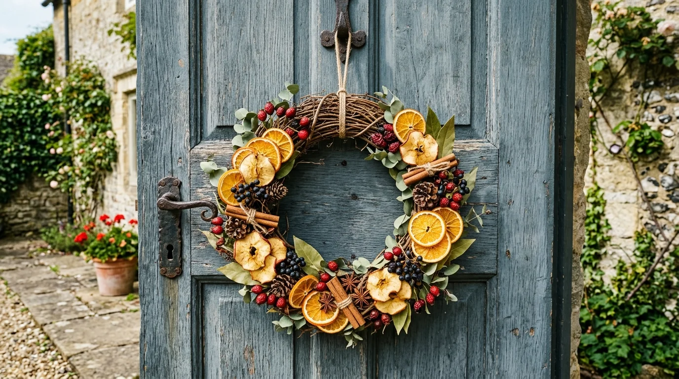 A wreath crafted from dried fruits including oranges apples and berries hung on a wooden door bright natural daylight charming natural accent no people