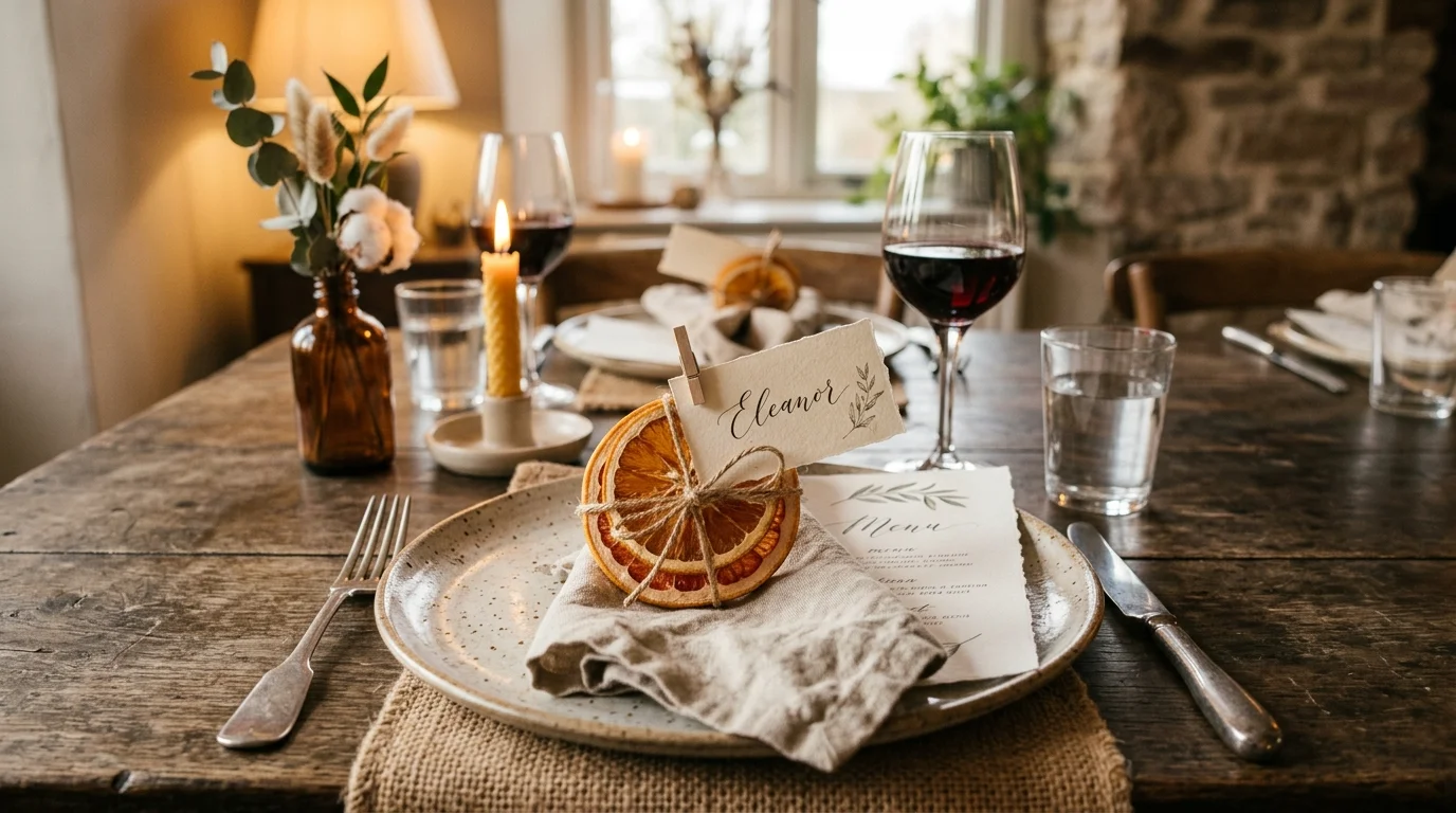 A table setting with dried citrus slices used as place card holders paired with linen napkins soft lighting elegant rustic detail no people