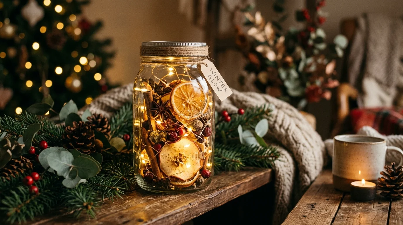 A glass jar filled with dried fruit slices and fairy lights glowing softly warm lighting cozy natural holiday display no people