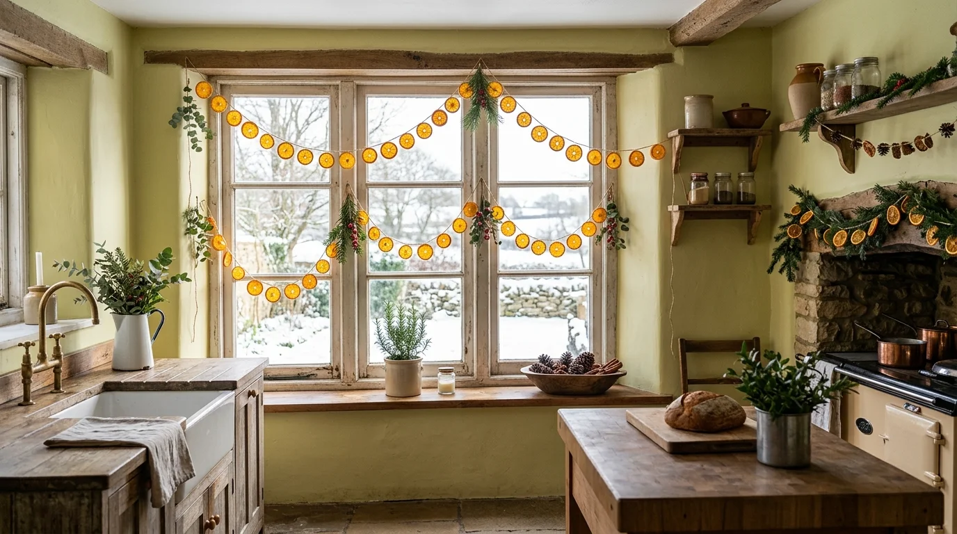 A rustic kitchen with strings of dried orange slices hanging along a window bright natural daylight simple farmhouse holiday decor no people