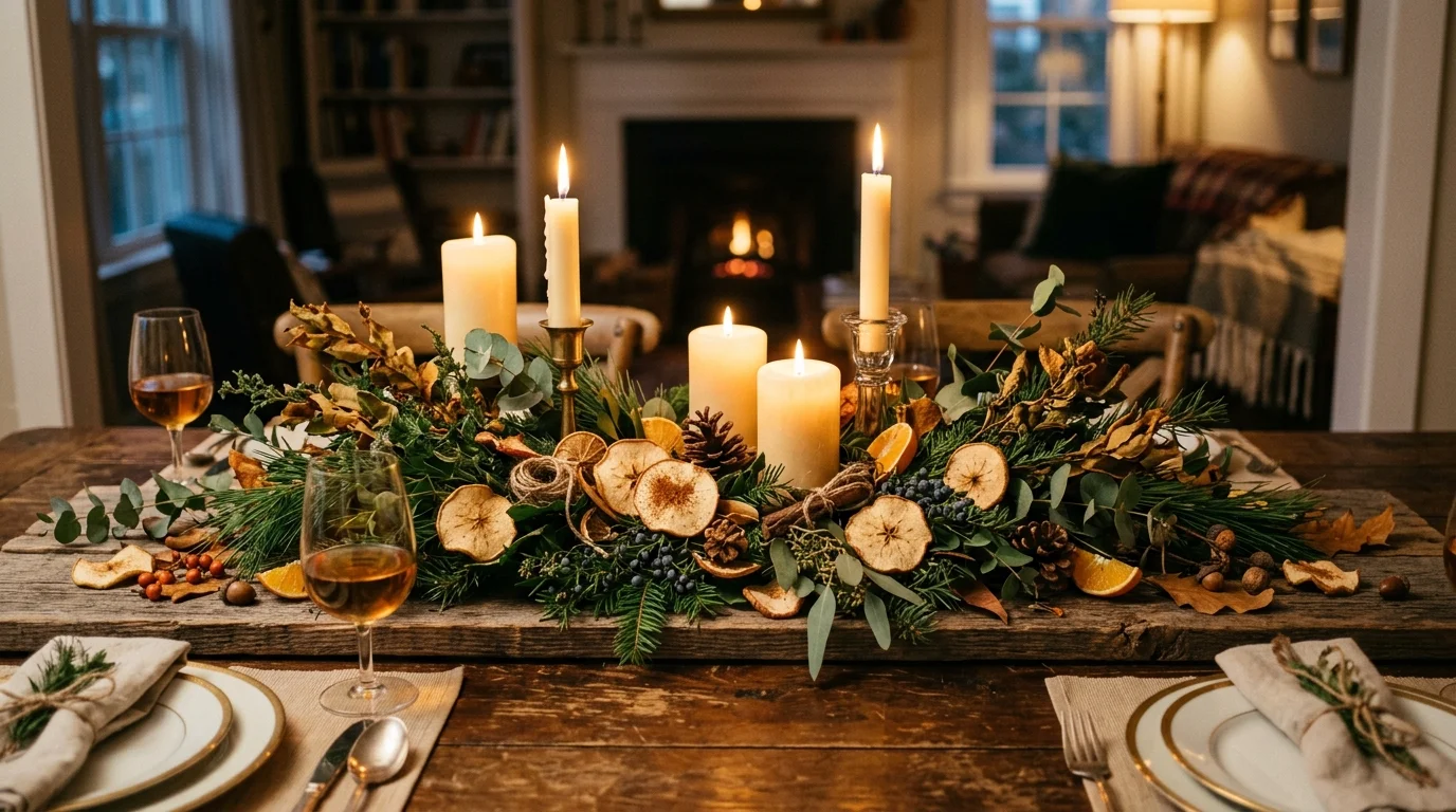 A centerpiece with dried apple slices and greenery arranged with candles soft warm lighting inviting seasonal design no people