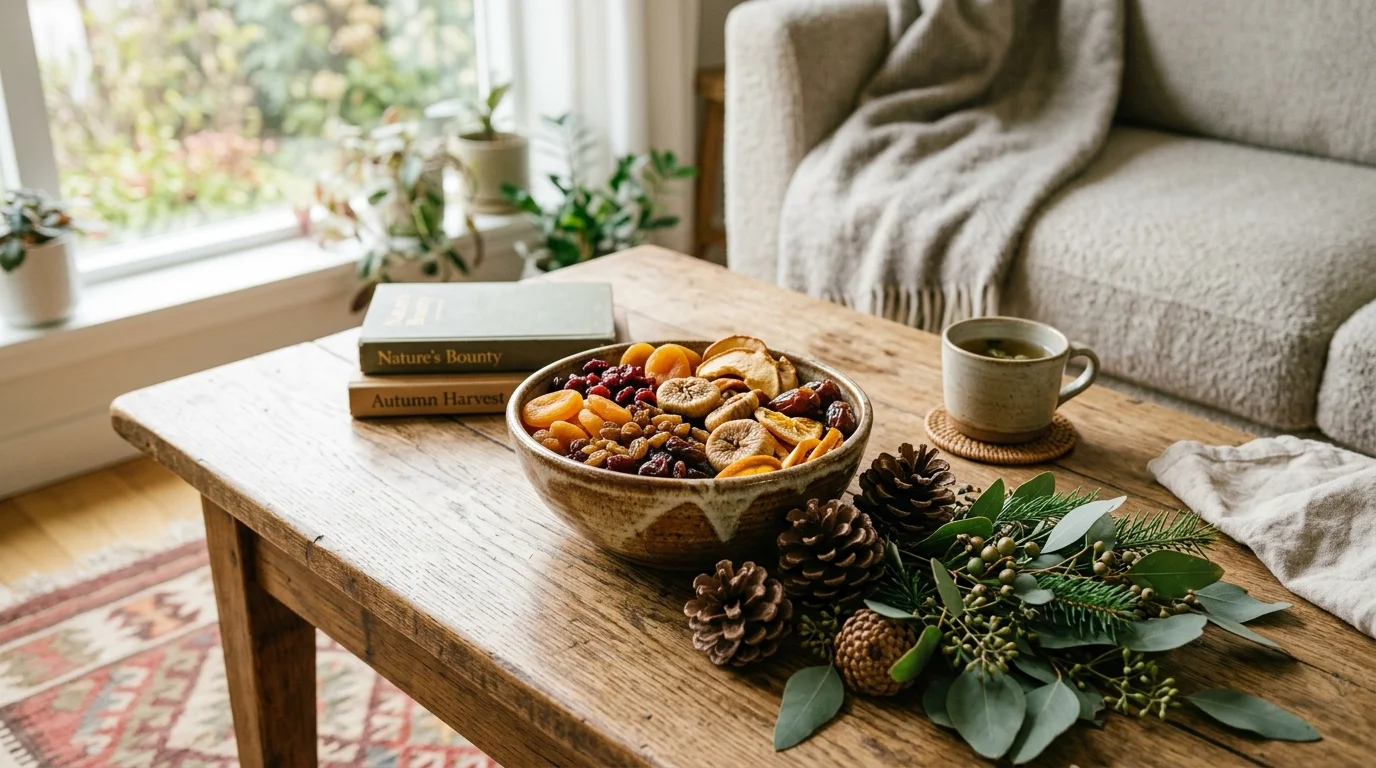 A bowl of mixed dried fruits placed on a coffee table with pinecones and greenery bright natural light earthy decorative accent no people
