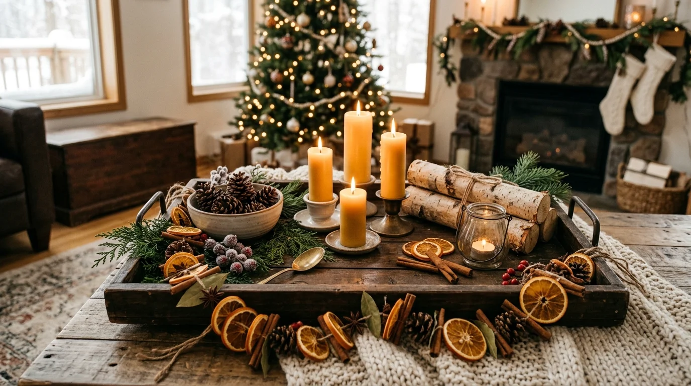 A holiday tray styled with dried fruit garlands candles and rustic decor warm lighting cozy festive vignette no people