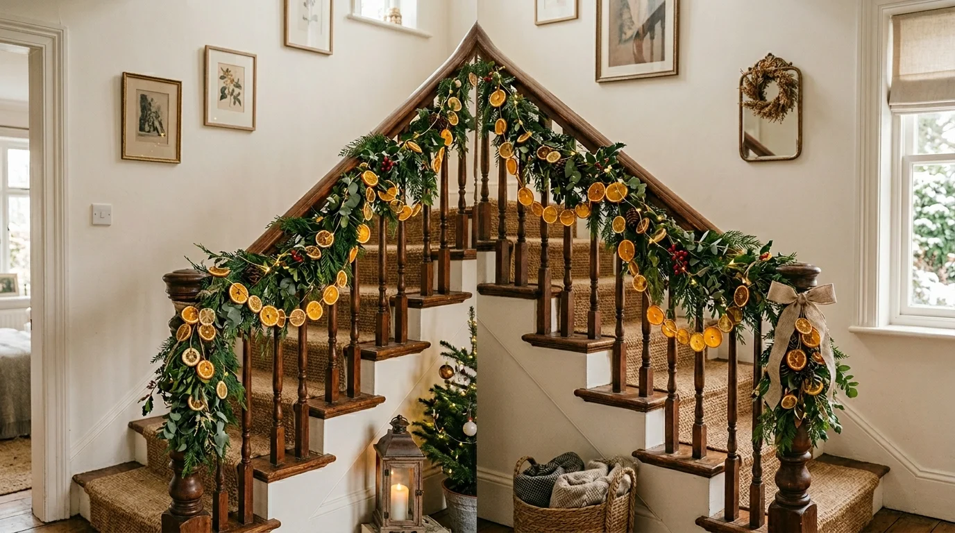 A staircase decorated with a garland of dried citrus slices and greenery soft lighting charming natural holiday look no people