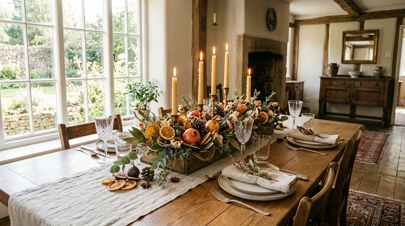 A dining table with dried fruit accents woven into a centerpiece with candles bright natural daylight rustic elegant setting no people