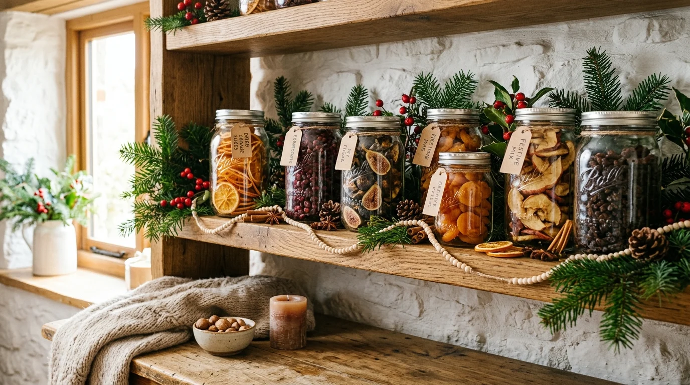 A shelf display with jars of dried fruits and seasonal decor bright natural light warm organic holiday styling no people
