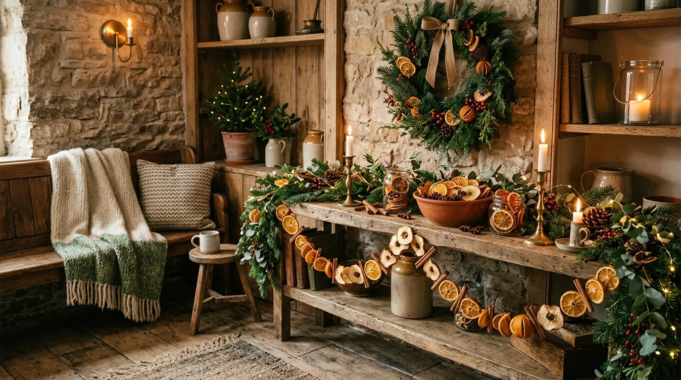 A rustic home corner with dried fruit decor combined with wood textures and greenery warm ambient lighting inviting natural holiday atmosphere no people