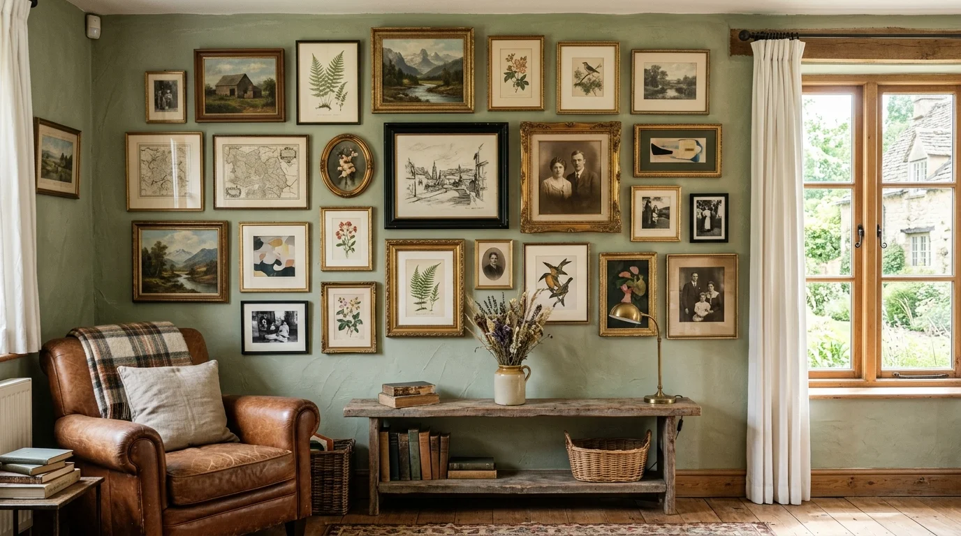 A wall decorated with a collection of vintage frames and artwork arranged in a gallery style bright natural daylight cozy rustic design no people