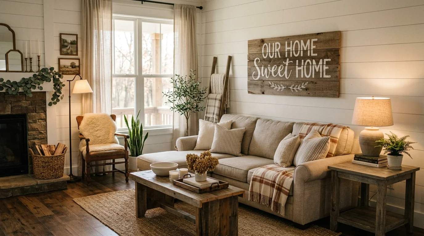 A living room with a wooden sign featuring farmhouse typography mounted above a sofa warm lighting inviting country feel no people