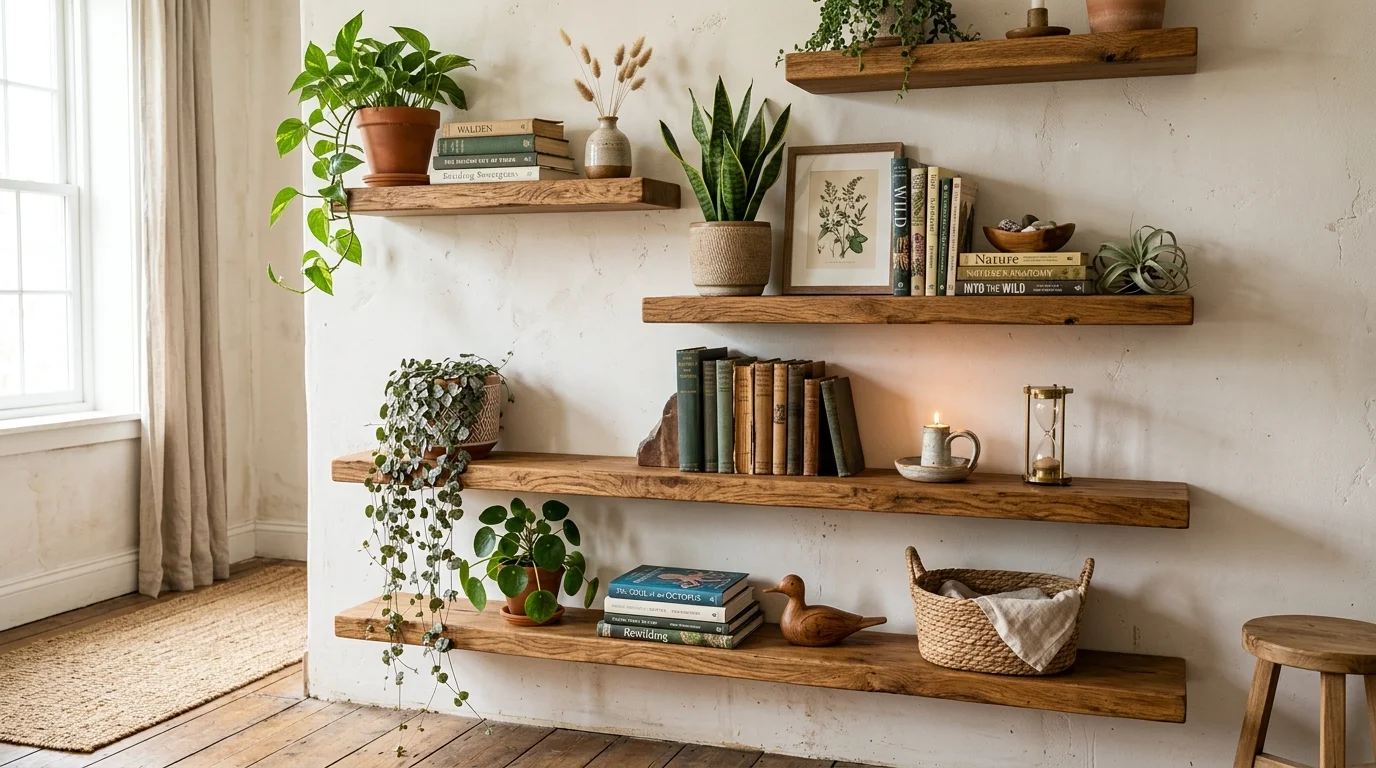 A wall with floating wooden shelves displaying plants books and decor bright natural light layered rustic styling no people