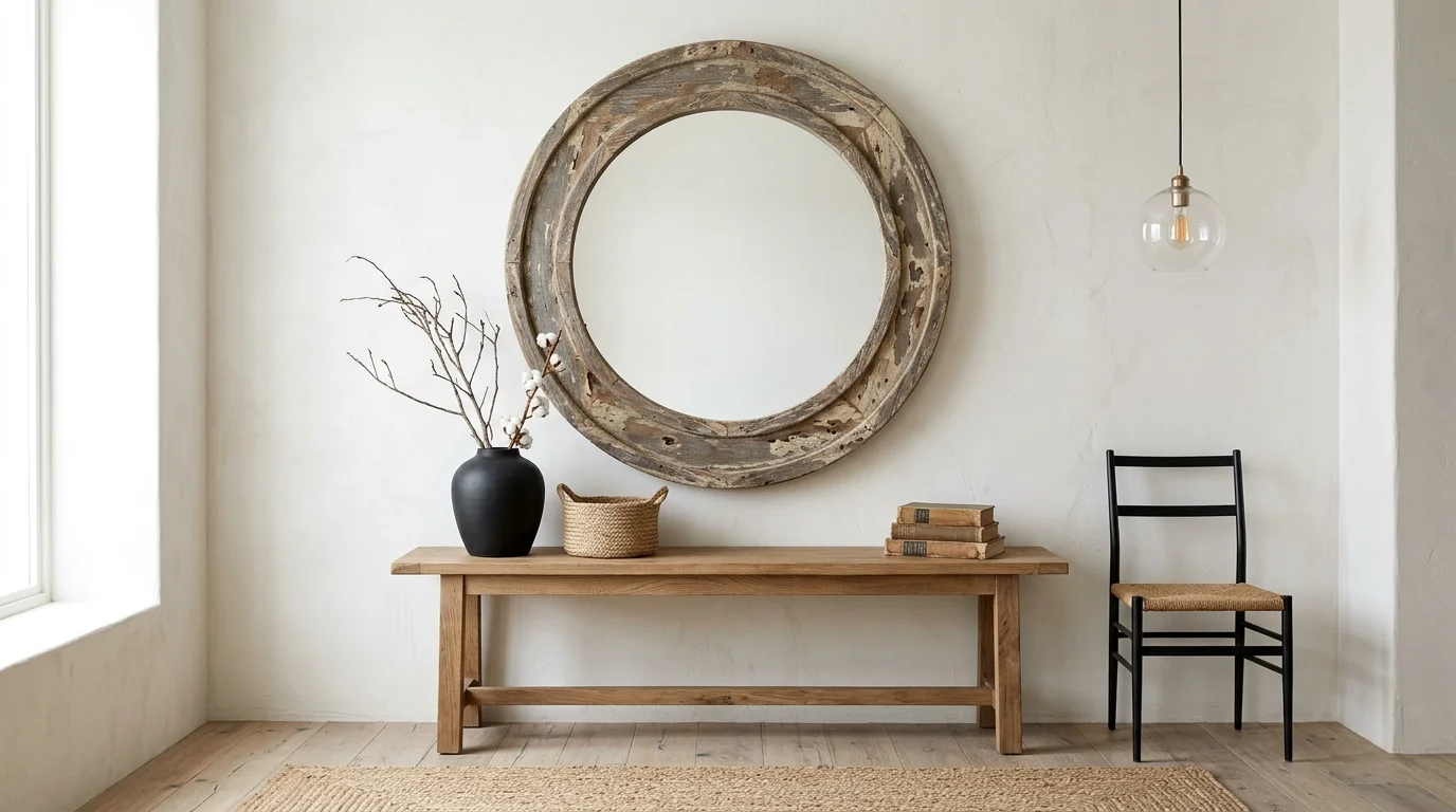 A space with a large round mirror with a distressed frame bright lighting simple yet striking rustic accent no people