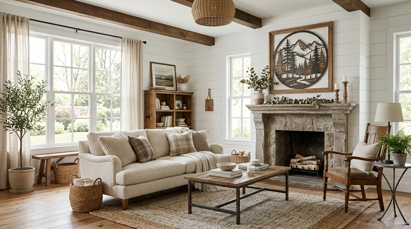 A living room with metal wall art combined with wooden elements bright natural daylight balanced farmhouse decor no people