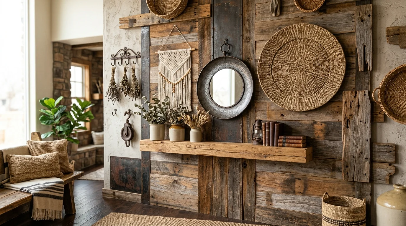 A wall with a mix of textures including wood metal and woven decor bright lighting rich rustic aesthetic no people