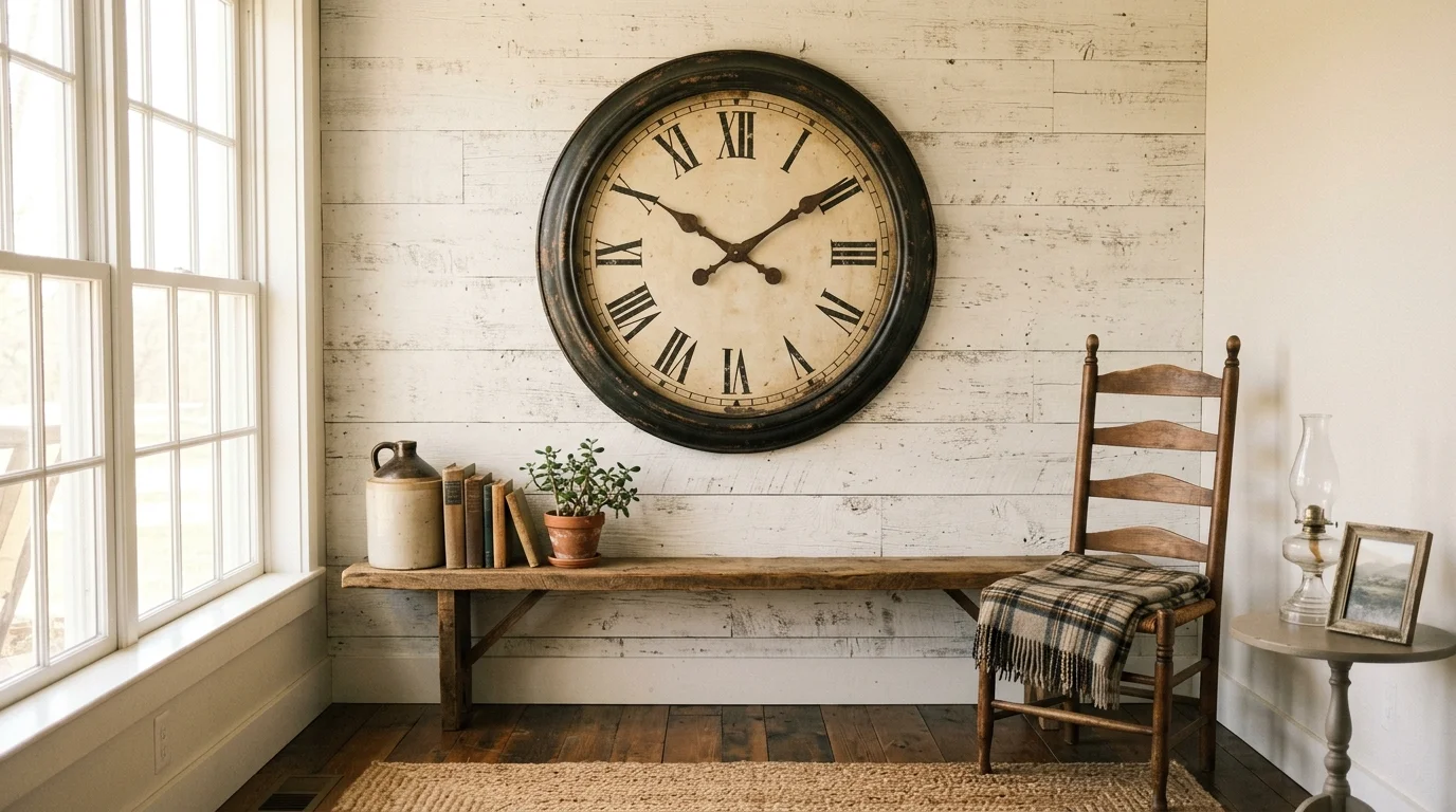 A room with a vintage clock mounted on a rustic wall bright natural light classic farmhouse detail no people