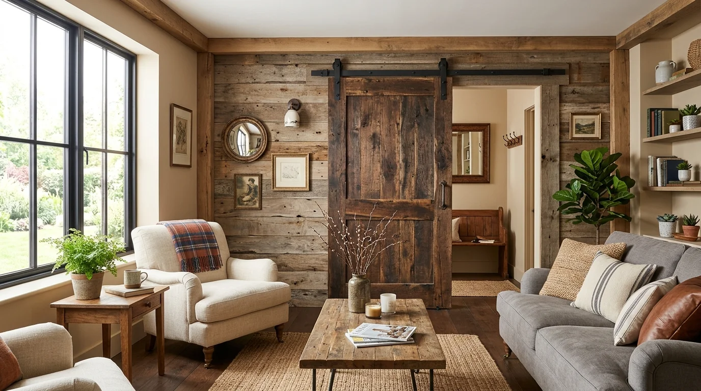 A living room wall with a sliding barn door feature bright natural daylight bold rustic statement no people