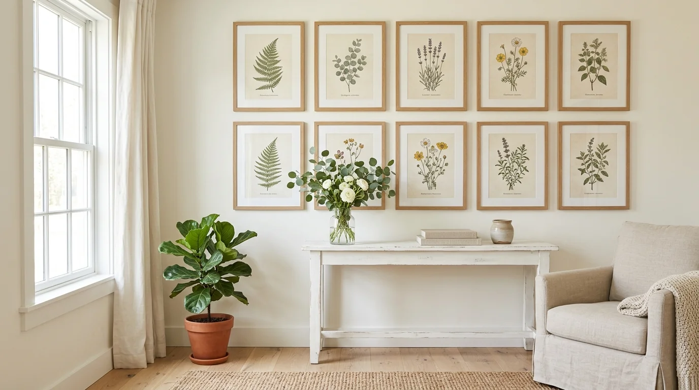 A space with framed botanical prints arranged neatly bright lighting fresh farmhouse style no people