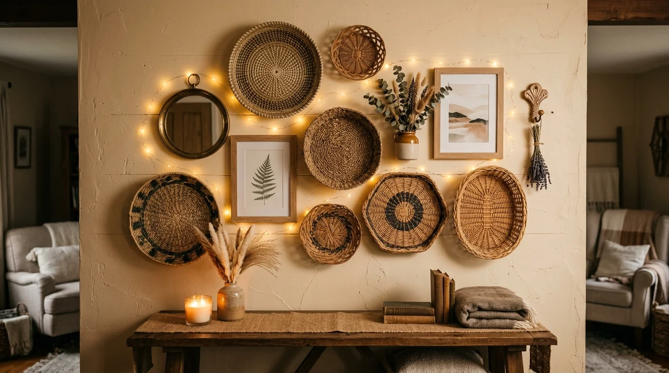 A cozy wall with a combination of wall baskets and decor warm lighting charming rustic display no people