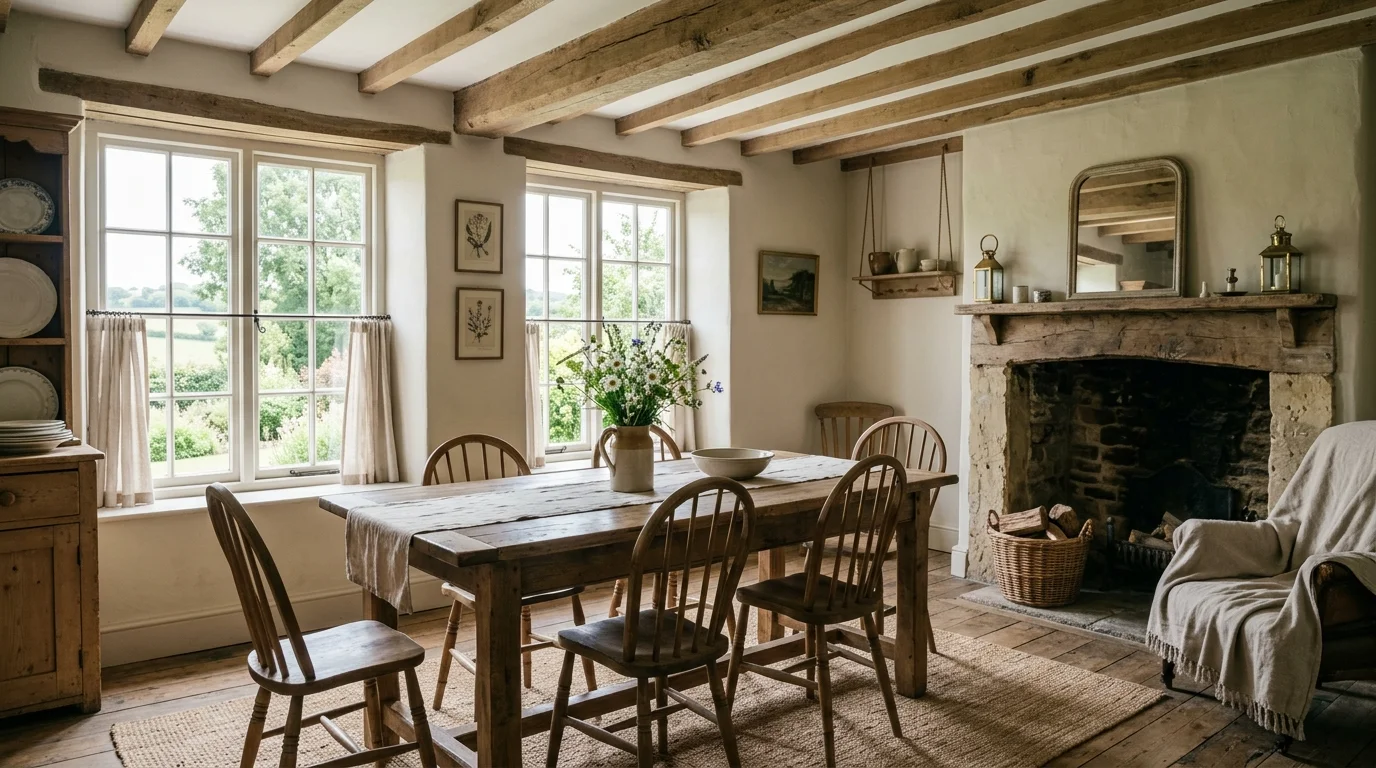 A room with neutral tones and simple rustic decor bright natural daylight calm farmhouse ambiance no people