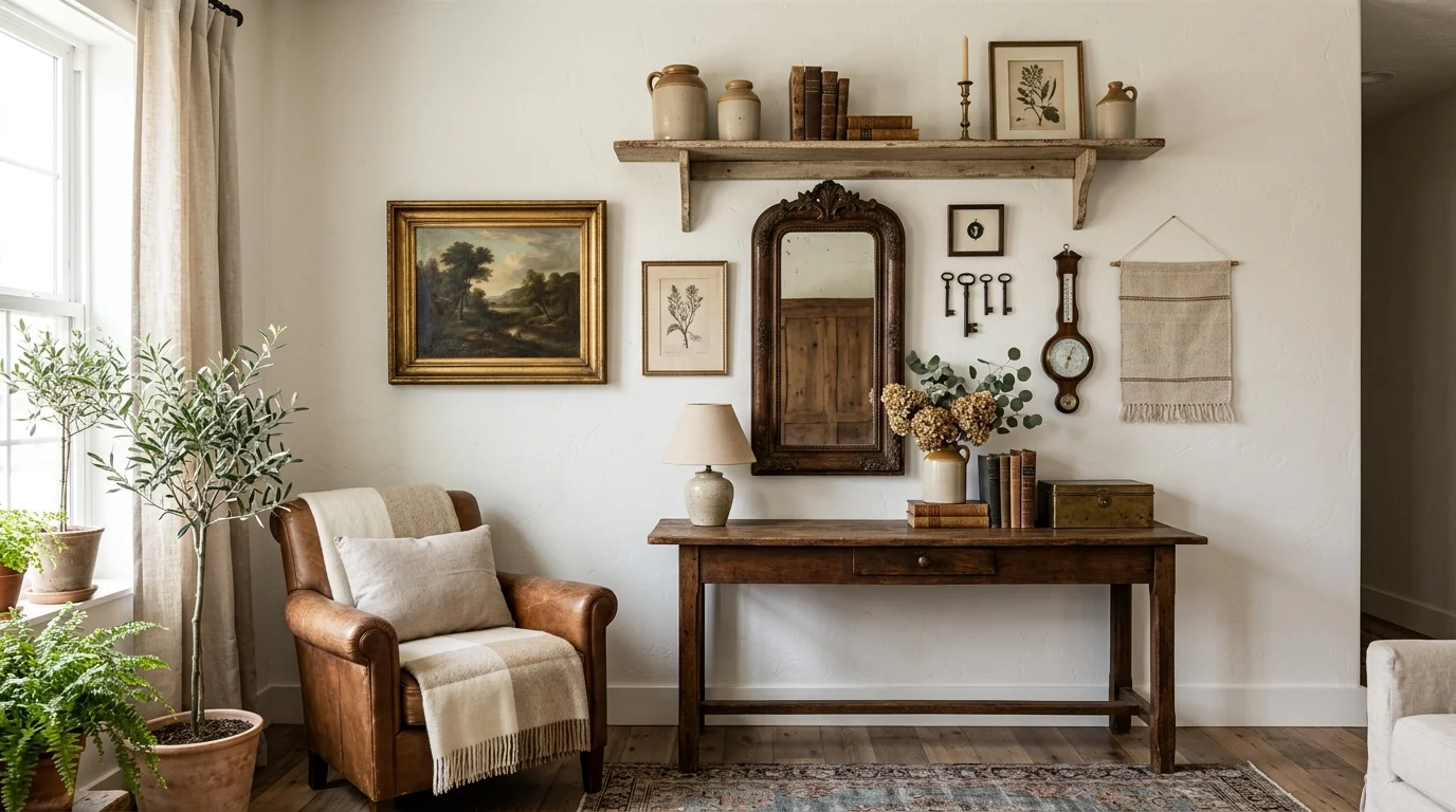 A living room wall styled with a mix of antique pieces and simple decor bright lighting curated rustic charm