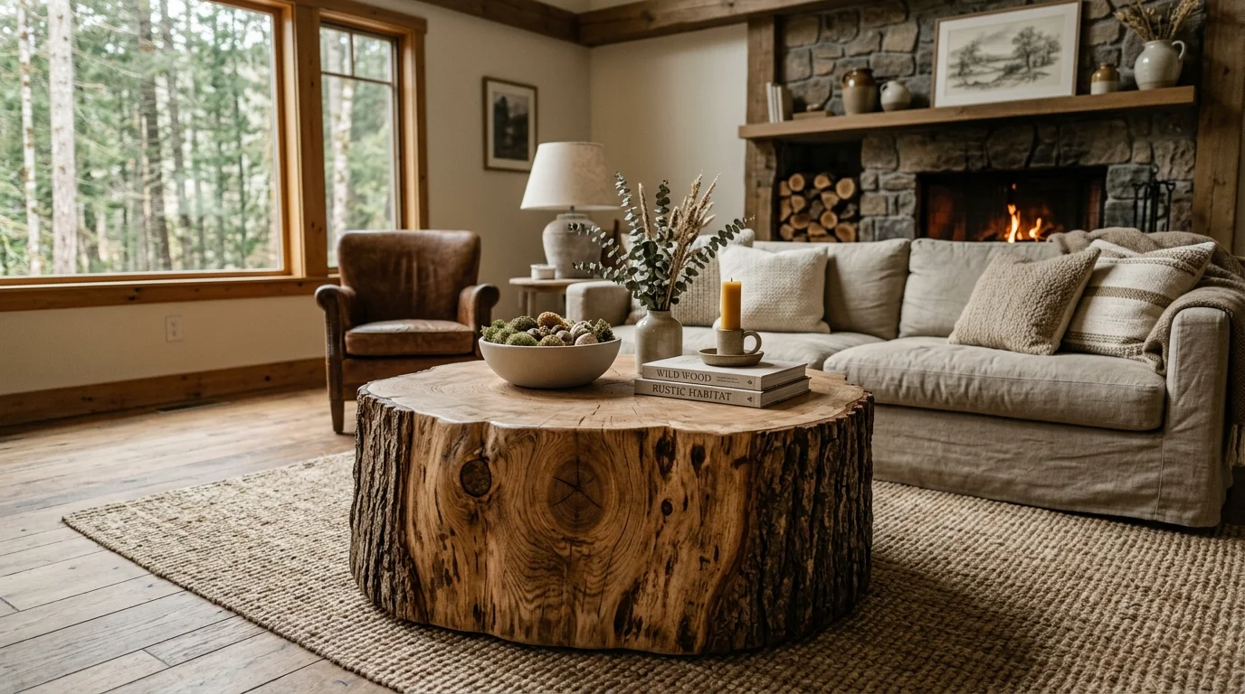Tree stump coffee table with raw wood texture, sealed finish, and neutral decor for earthy centerpiece in rustic living space no people