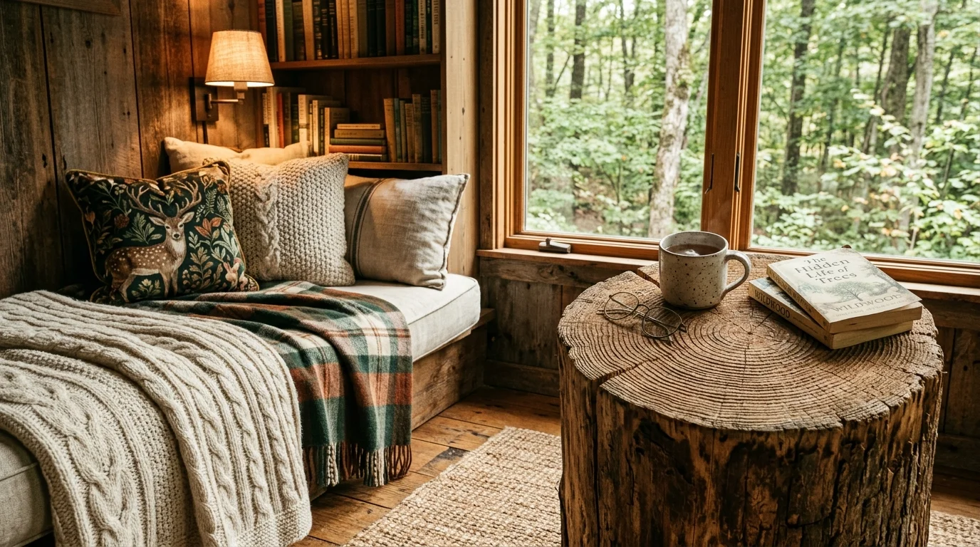 Small tree stump stool with natural rings visible, placed beside a reading nook with soft textiles for cozy woodland charm no people