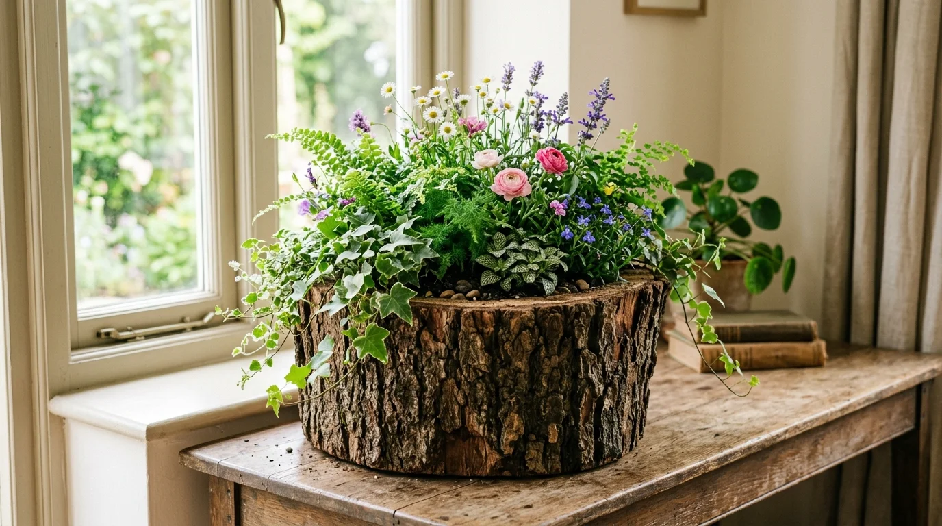 Decorative tree stump planter hollowed out and filled with greenery and flowers for fresh natural indoor accent no people