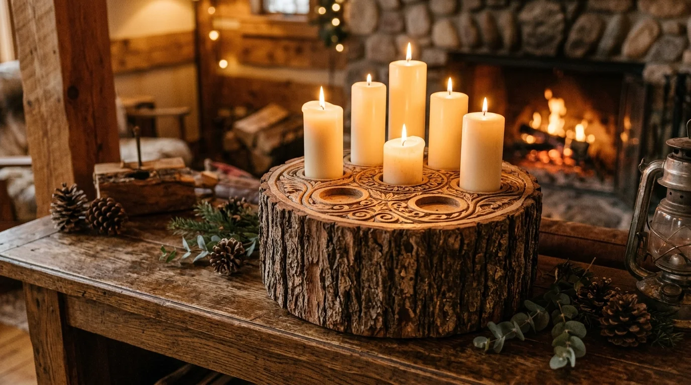 Tree stump candle holder with carved top, multiple pillar candles, and warm ambient lighting for rustic atmosphere no people