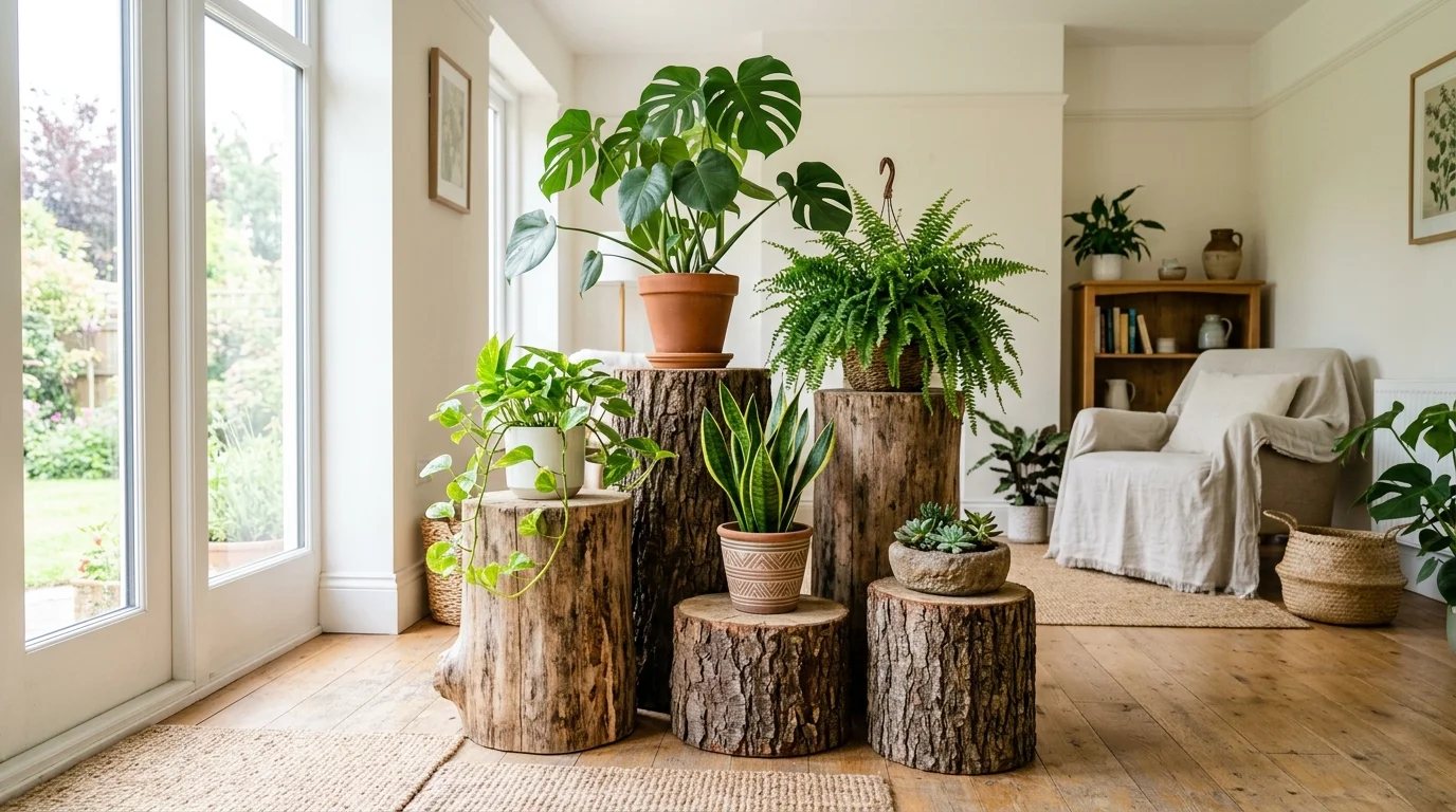 Stacked tree stump display with varying heights used as plant stands, creating layered natural decor in a bright room no people