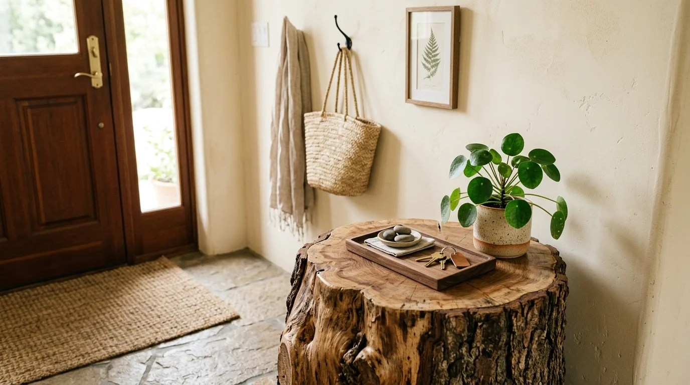 Tree stump entryway table with minimal decor, small tray, and plant for simple organic welcome accent no people